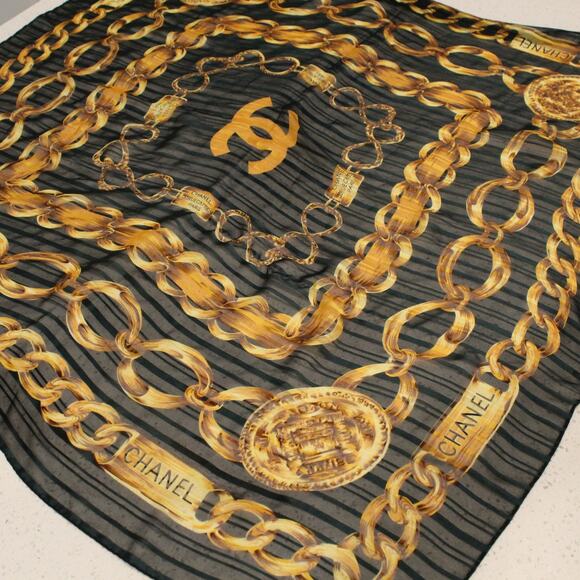 Vintage Chanel Scarf Silk Chain Print Green Square 90s Old Money 36x36 - Picture 5 of 12